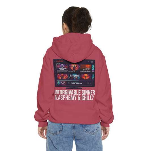 Color: Crimson | Good Book Series Blasphemy & Chill Garment-Dyed Hoodie