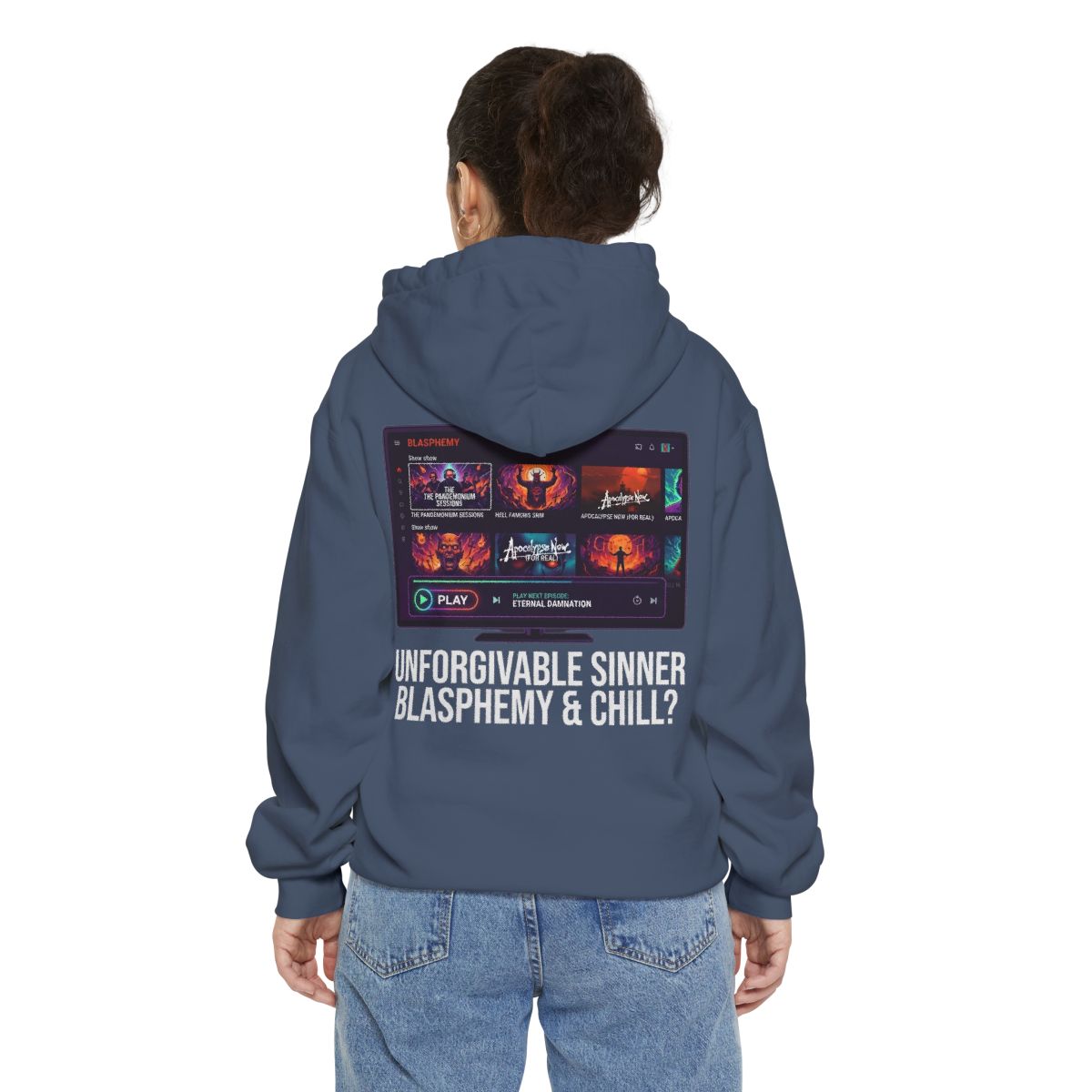 Color: Denim | Good Book Series Blasphemy & Chill Garment-Dyed Hoodie