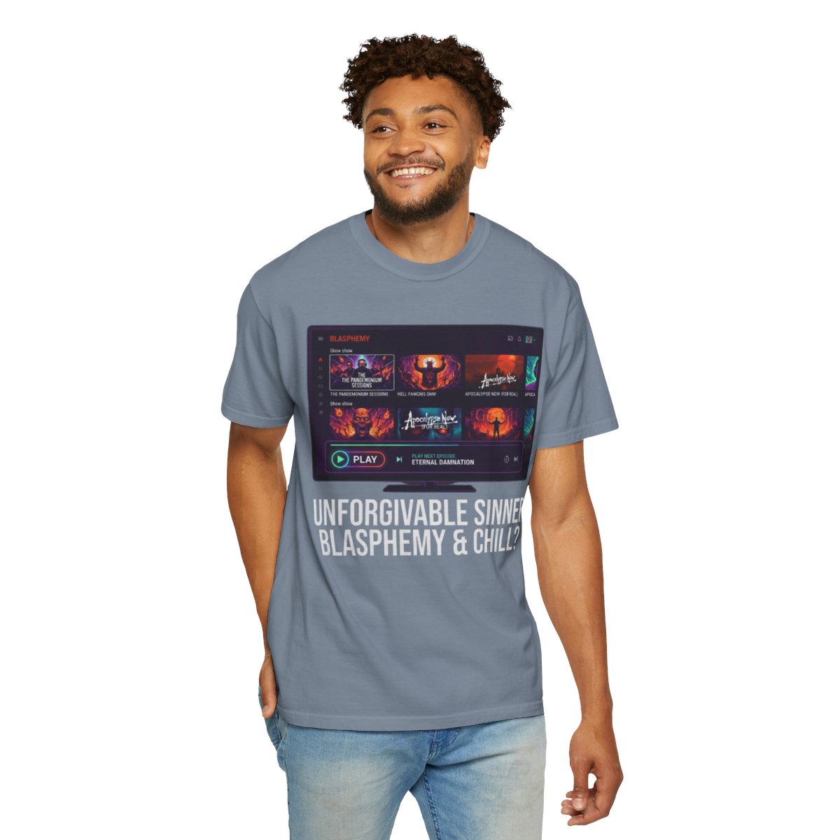 Color: Blue Jean | Good Book Series Blasphemy & Chill Unisex Garment-Dyed Tee