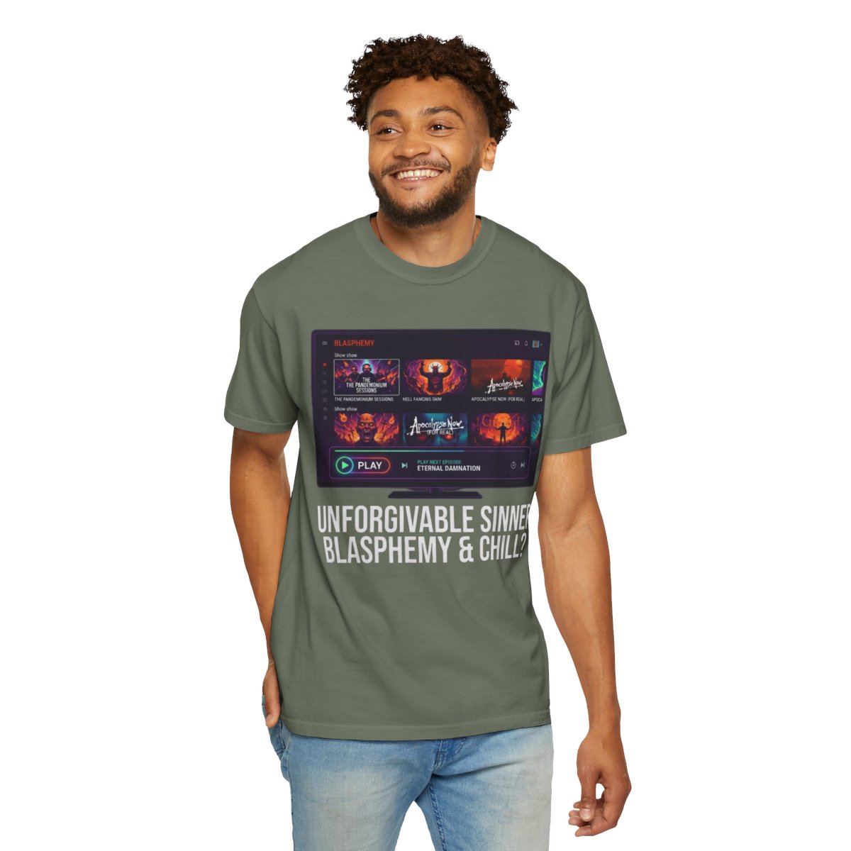 Color: Moss | Good Book Series Blasphemy & Chill Unisex Garment-Dyed Tee