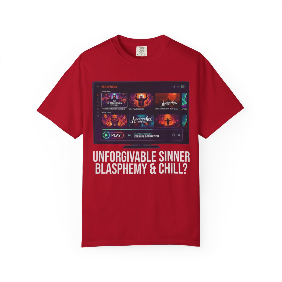 Color: Red | Good Book Series Blasphemy & Chill Unisex Garment-Dyed Tee