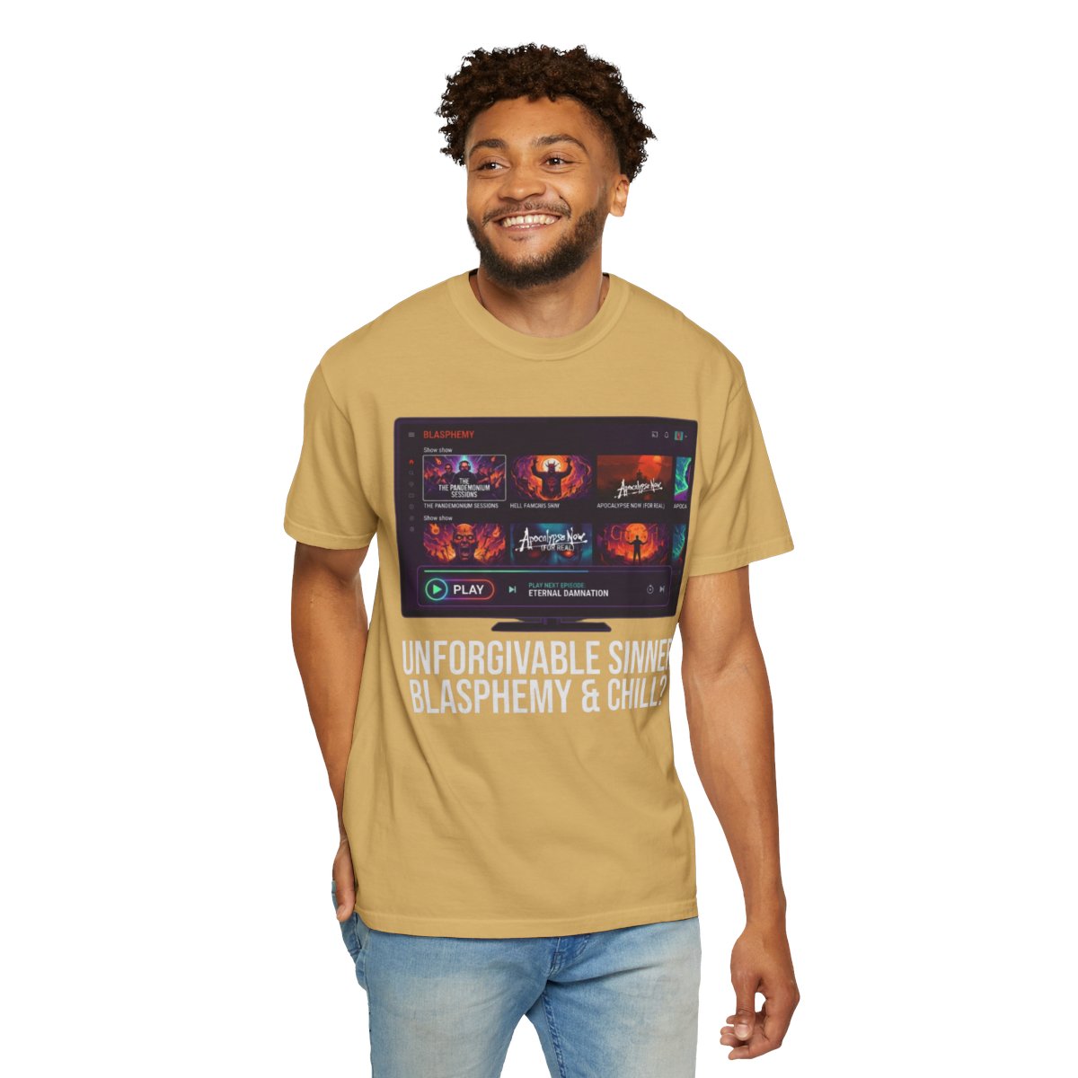 Color: Mustard | Good Book Series Blasphemy & Chill Unisex Garment-Dyed Tee