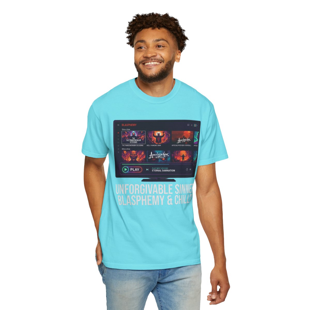 Color: Lagoon Blue | Good Book Series Blasphemy & Chill Unisex Garment-Dyed Tee