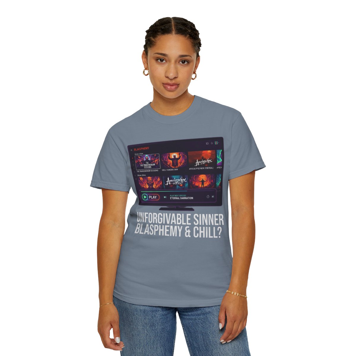 Color: Blue Jean | Good Book Series Blasphemy & Chill Unisex Garment-Dyed Tee