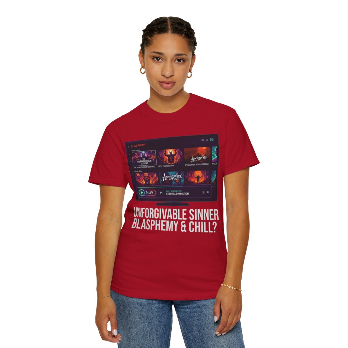 Color: Red | Good Book Series Blasphemy & Chill Unisex Garment-Dyed Tee