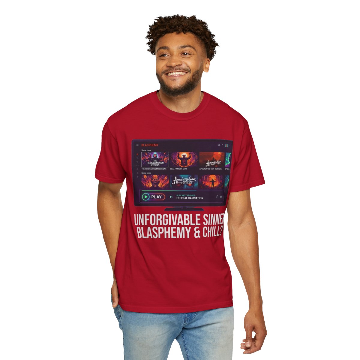 Color: Red | Good Book Series Blasphemy & Chill Unisex Garment-Dyed Tee