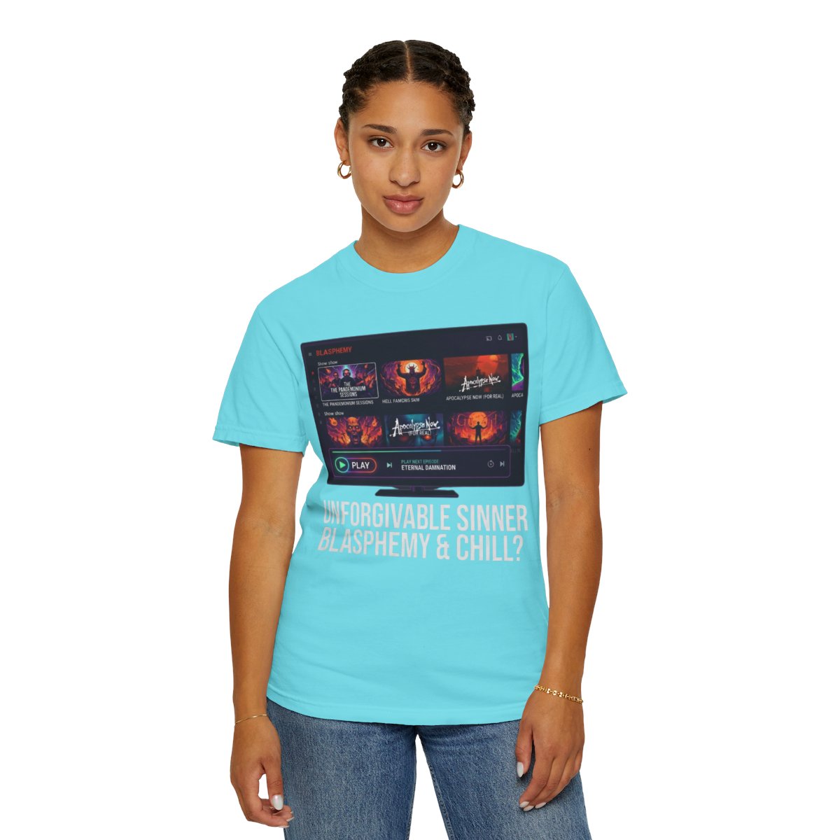 Color: Lagoon Blue | Good Book Series Blasphemy & Chill Unisex Garment-Dyed Tee
