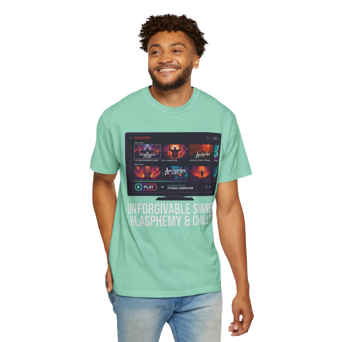 Color: Island Reef | Good Book Series Blasphemy & Chill Unisex Garment-Dyed Tee