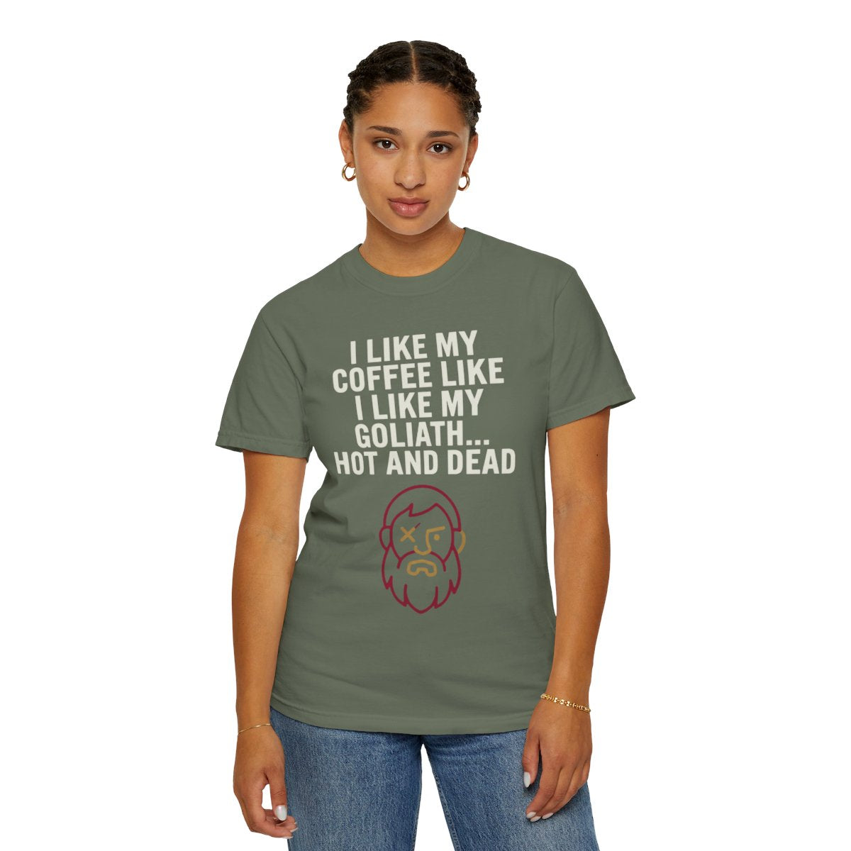 Color: Moss | Good Book Series Coffee Hot and Dead Unisex Garment-Dyed Tee
