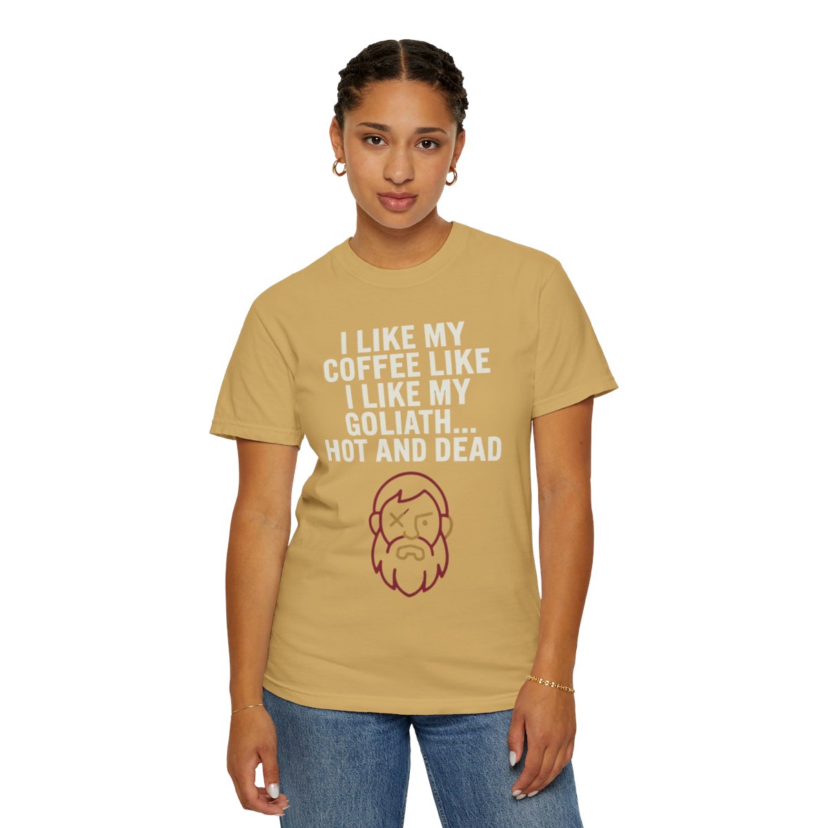 Color: Mustard | Good Book Series Coffee Hot and Dead Unisex Garment-Dyed Tee
