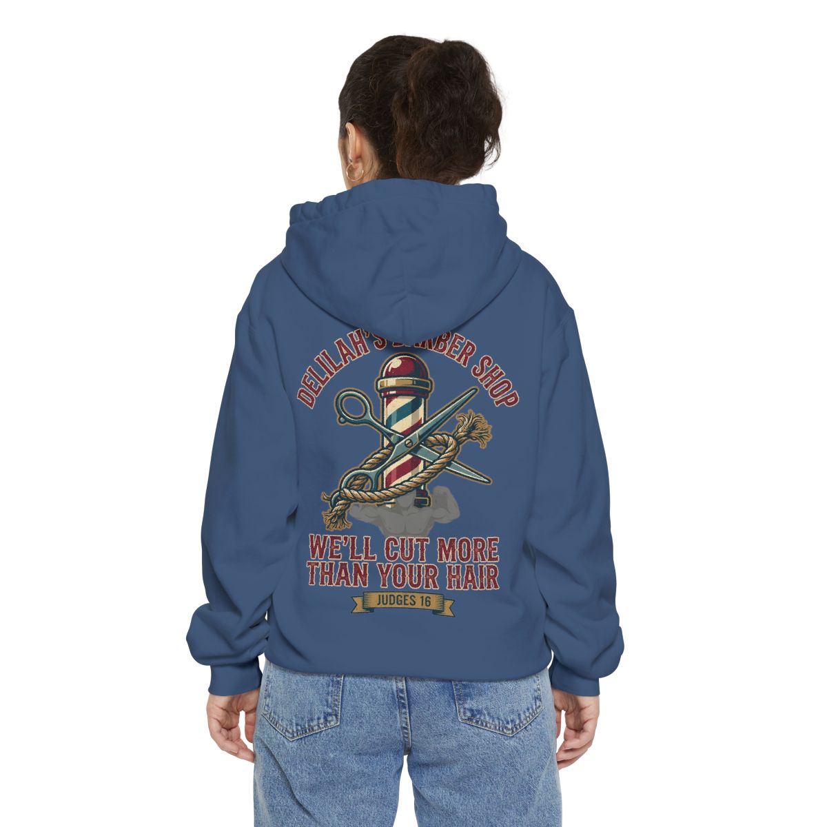 Color: True Navy | Good Book Series Delilah's Barber Shop Garment-Dyed Hoodie