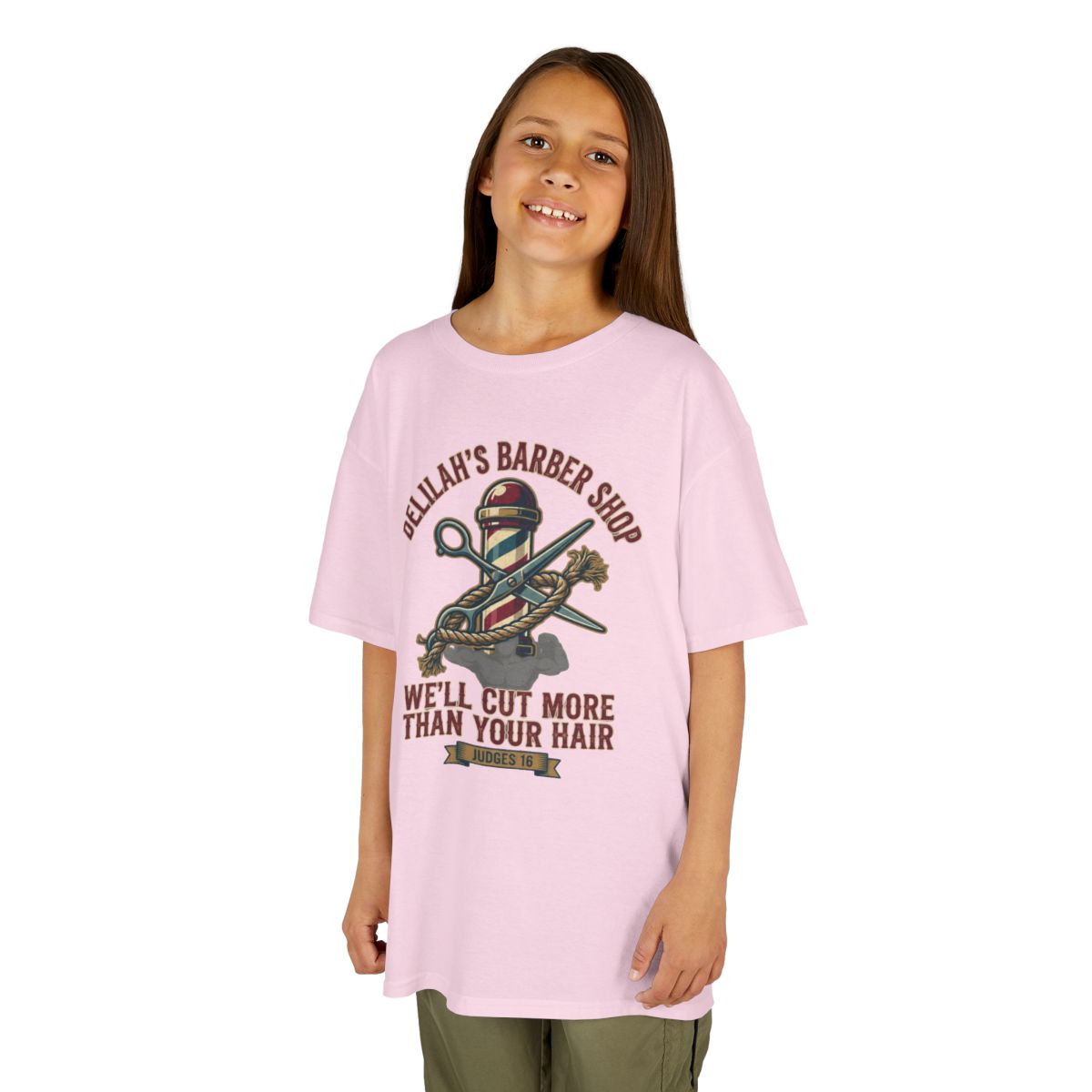 Color: Light Pink | Good Book Series Delilah's Barber Shop Kids Tee