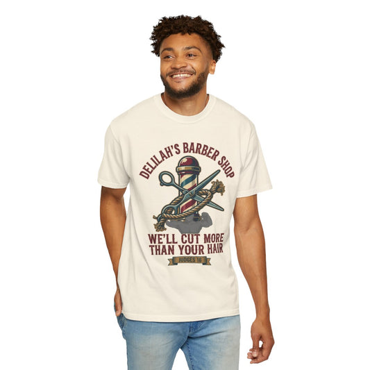 Color: Ivory | Good Book Series Delilah's Barber Shop Unisex Garment-Dyed Tee