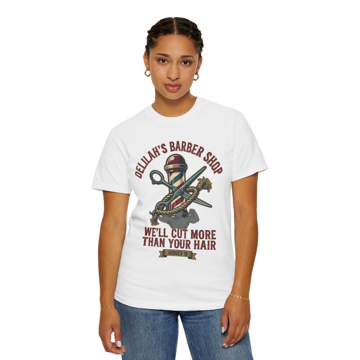 Color: White | Good Book Series Delilah's Barber Shop Unisex Garment-Dyed Tee