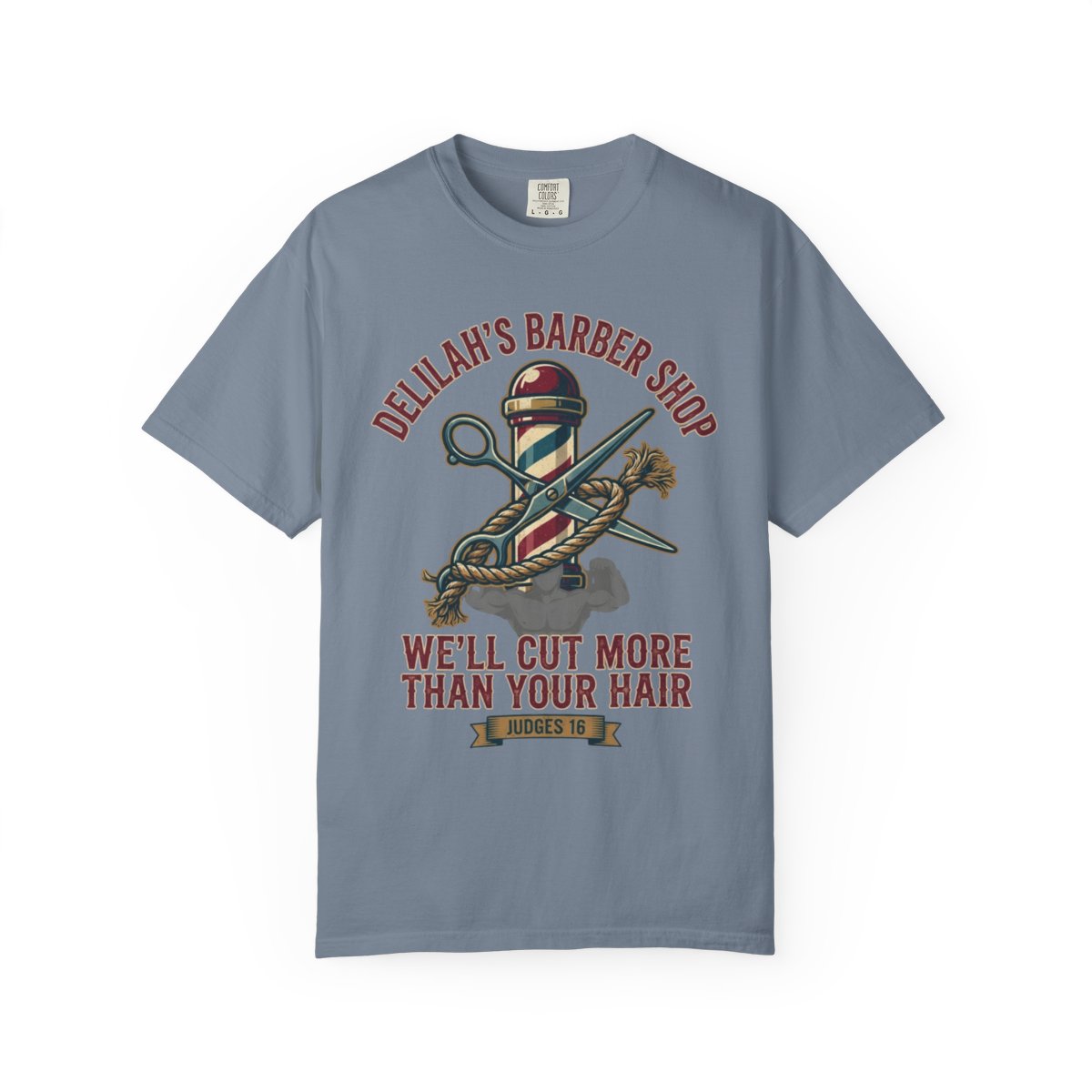 Color: Blue Jean | Good Book Series Delilah's Barber Shop Unisex Garment-Dyed Tee