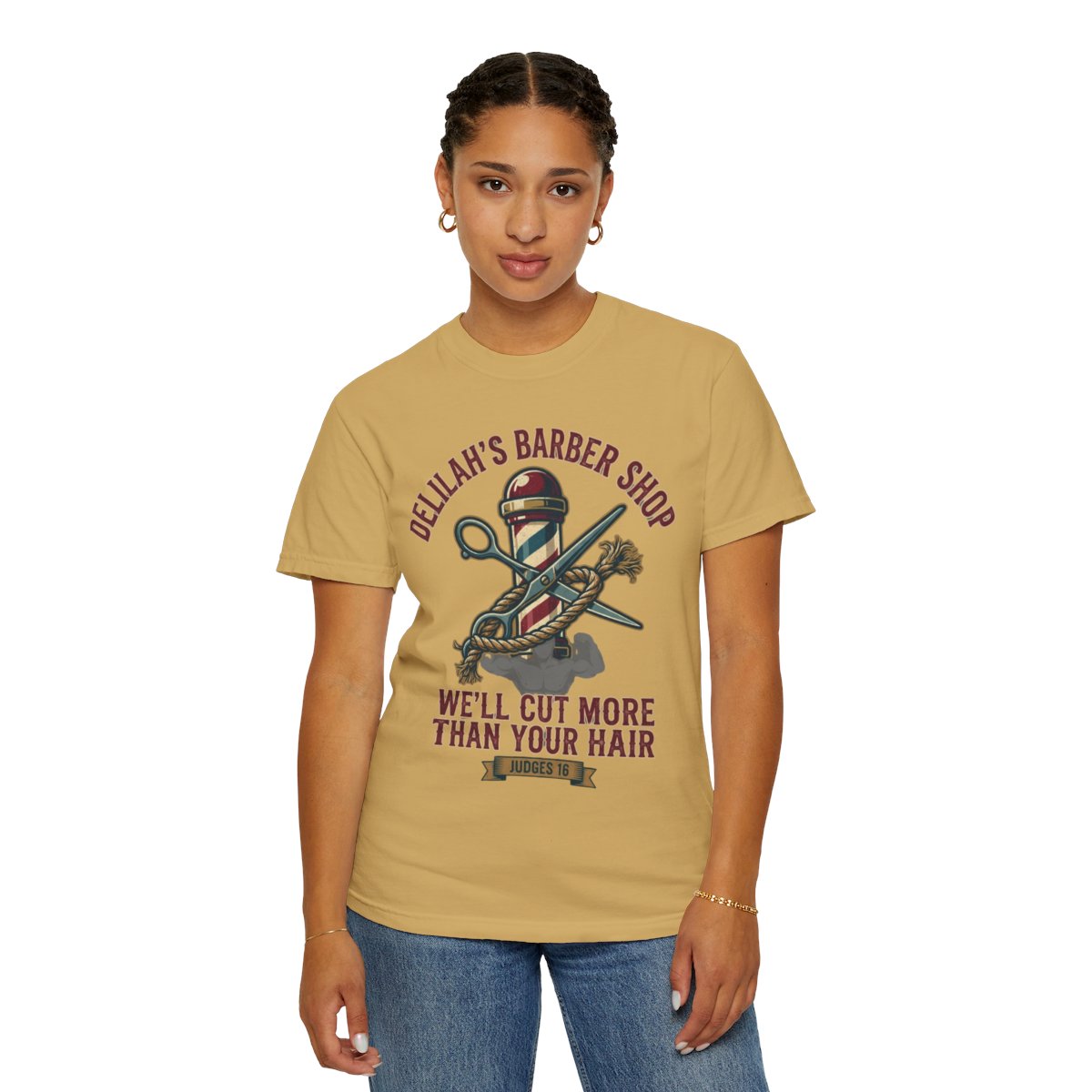 Color: Mustard | Good Book Series Delilah's Barber Shop Unisex Garment-Dyed Tee