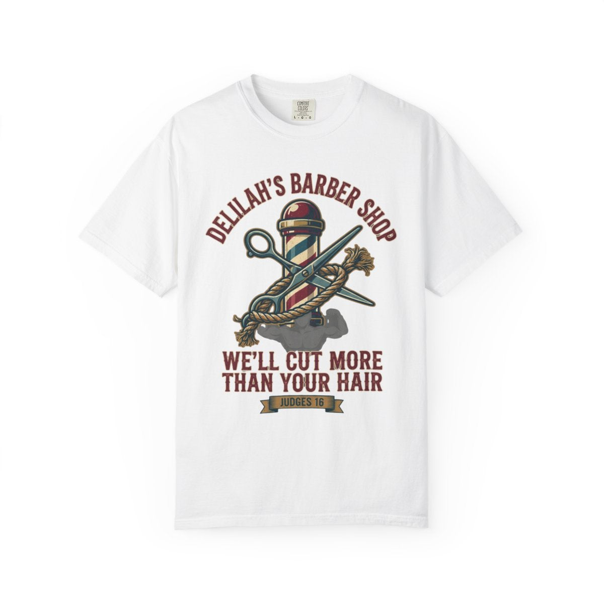 Color: White | Good Book Series Delilah's Barber Shop Unisex Garment-Dyed Tee