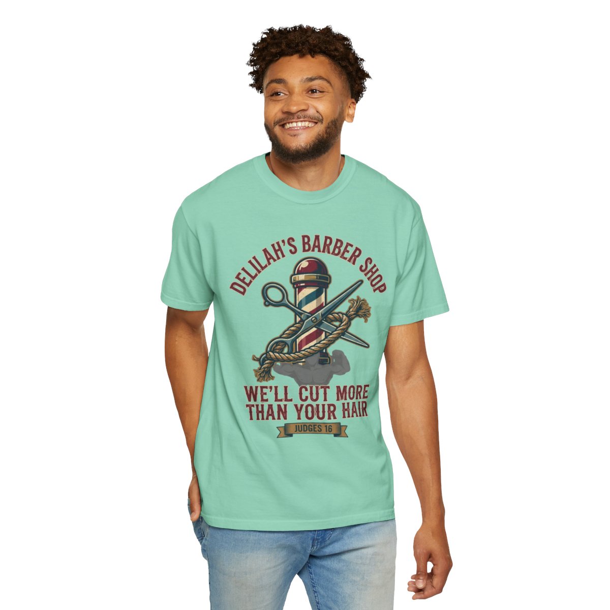 Color: Island Reef | Good Book Series Delilah's Barber Shop Unisex Garment-Dyed Tee