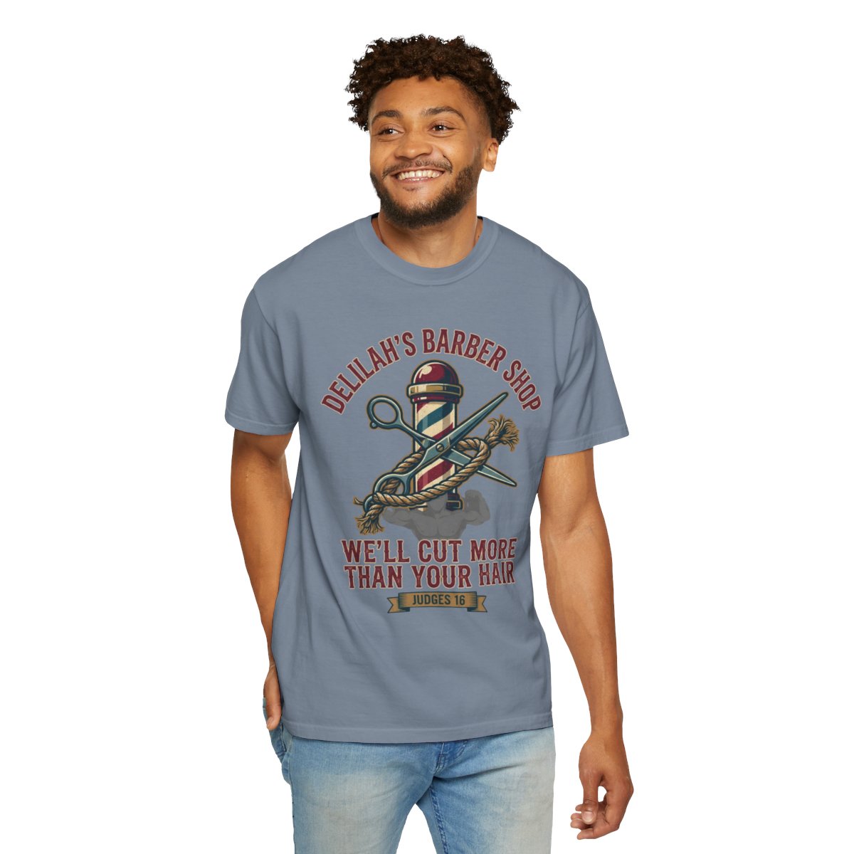 Color: Blue Jean | Good Book Series Delilah's Barber Shop Unisex Garment-Dyed Tee