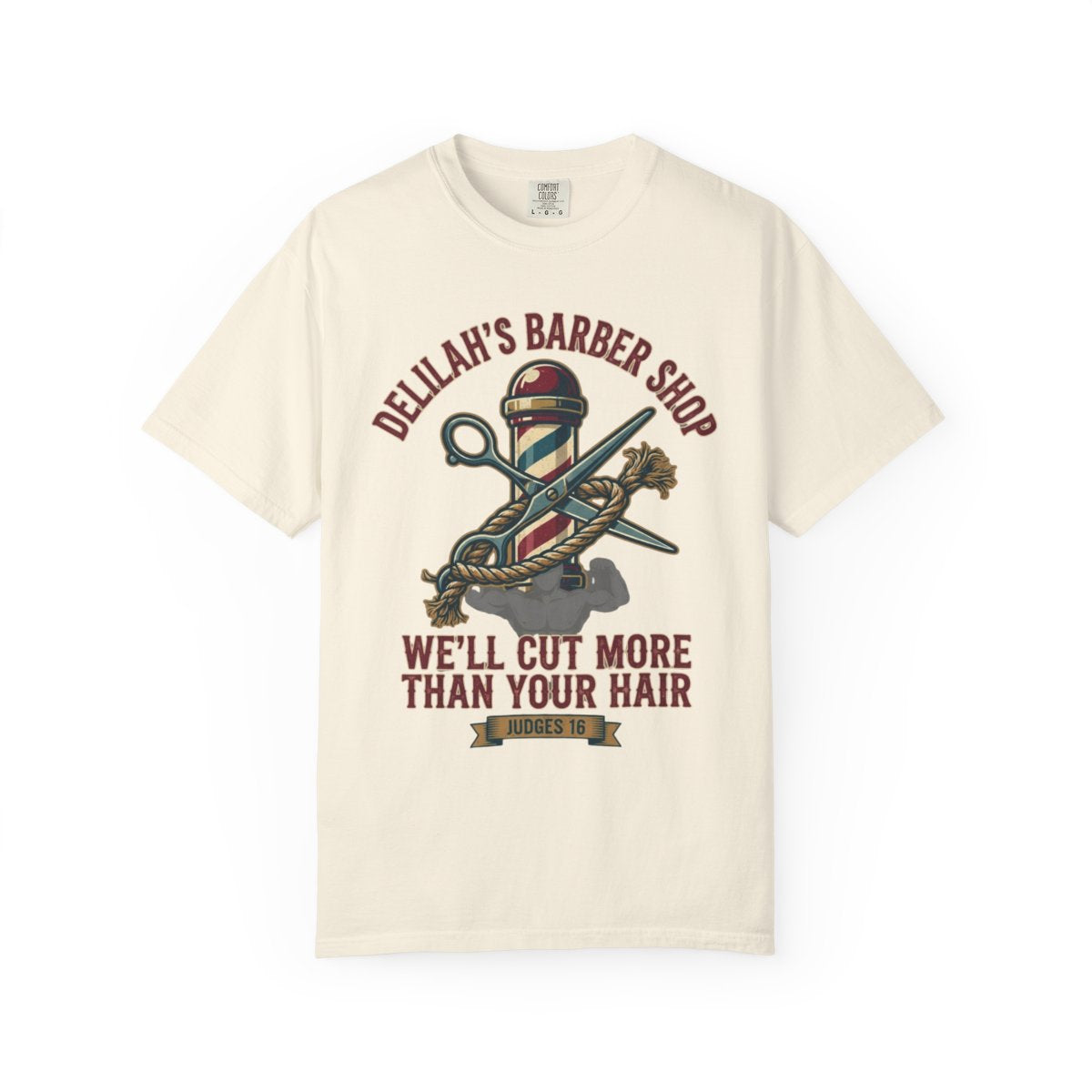 Color: Ivory | Good Book Series Delilah's Barber Shop Unisex Garment-Dyed Tee