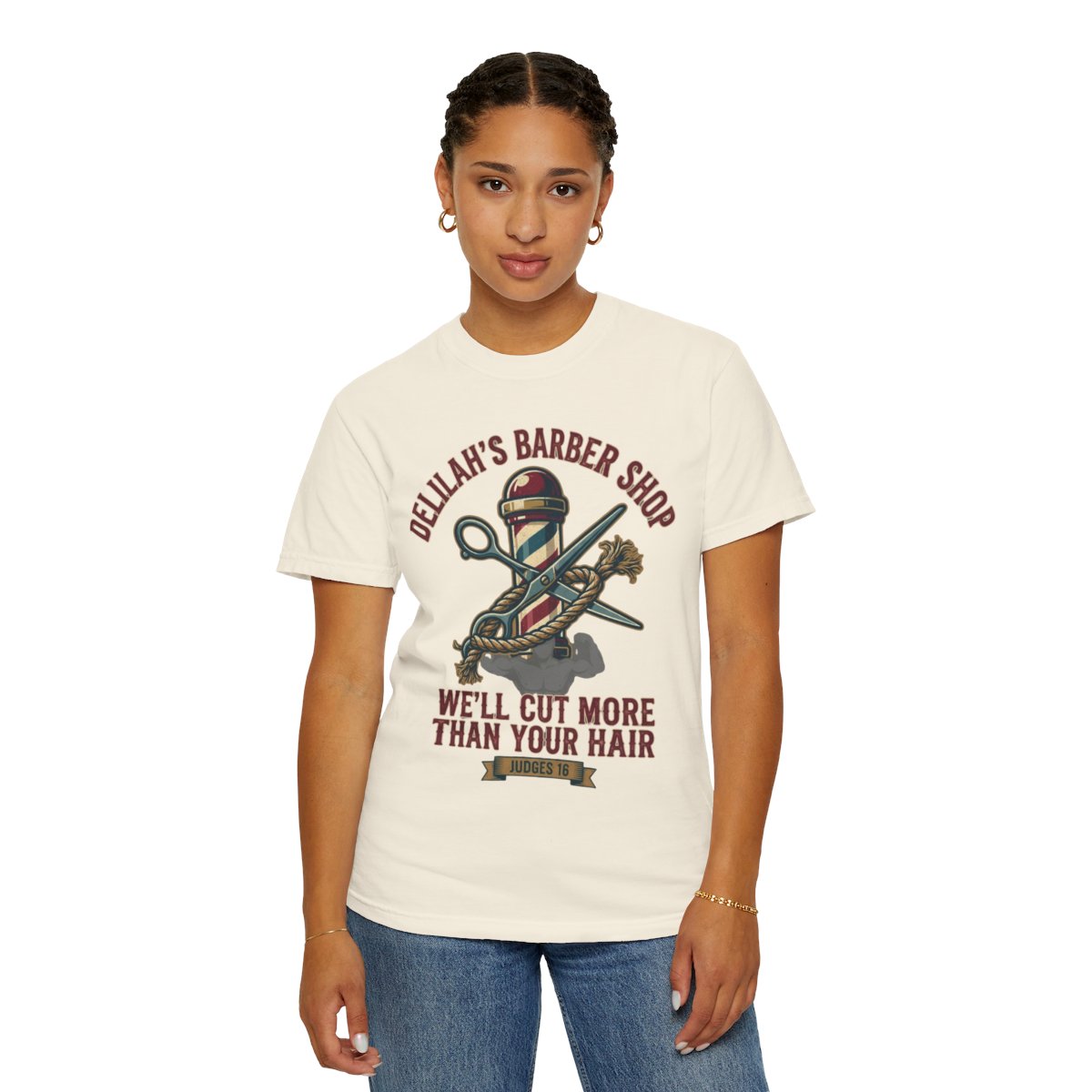Color: Ivory | Good Book Series Delilah's Barber Shop Unisex Garment-Dyed Tee