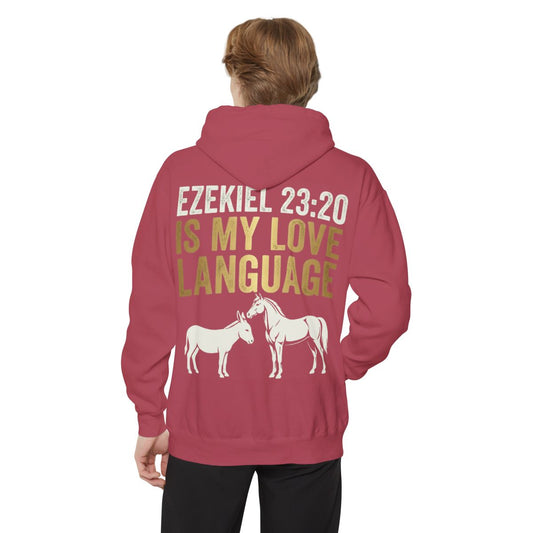 Color: Crimson | Good Book Series Ezekiel 23 20 Love Language Garment-Dyed Hoodie