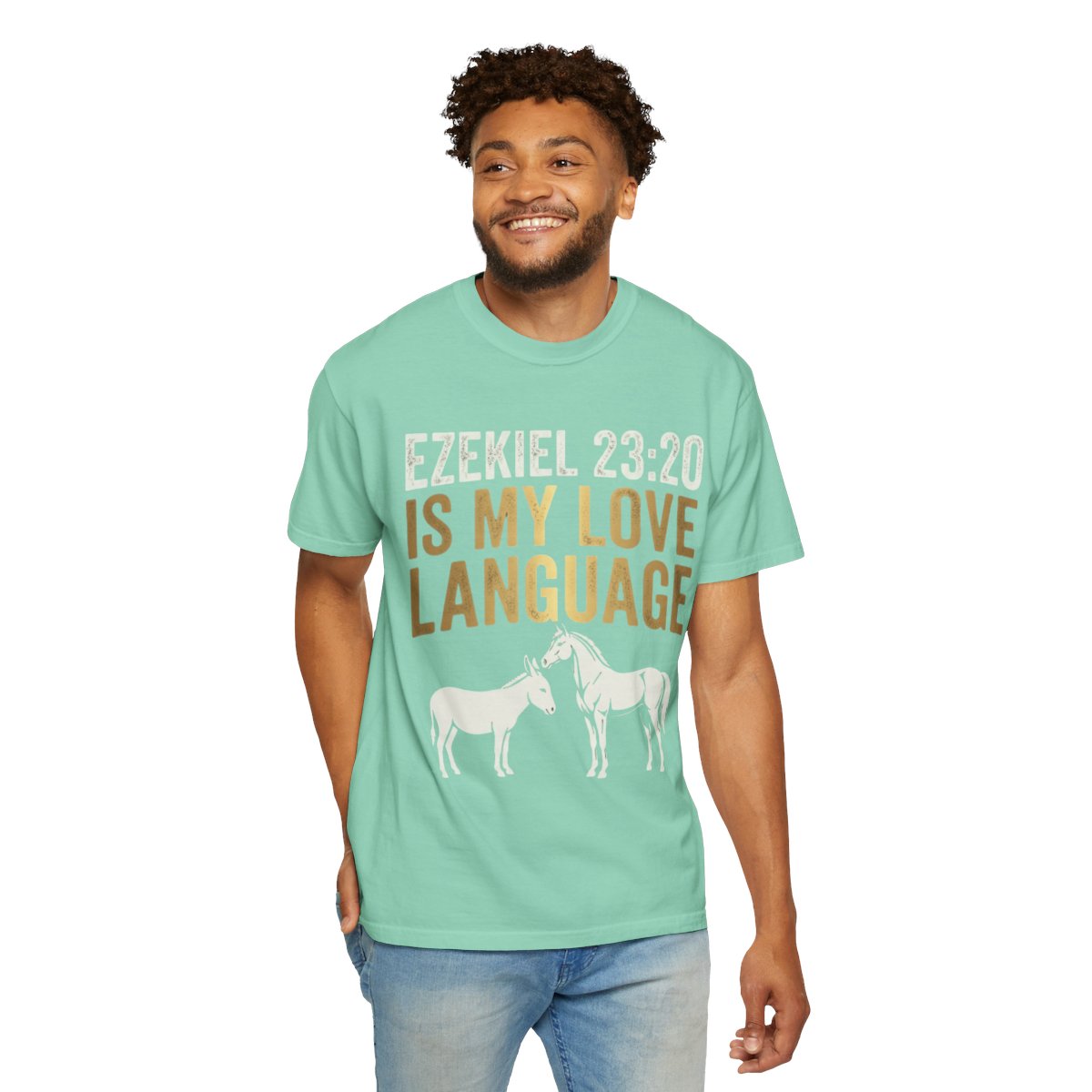 Color: Island Reef | Good Book Series Ezekiel 23 20 Love Language Unisex Garment-Dyed Tee