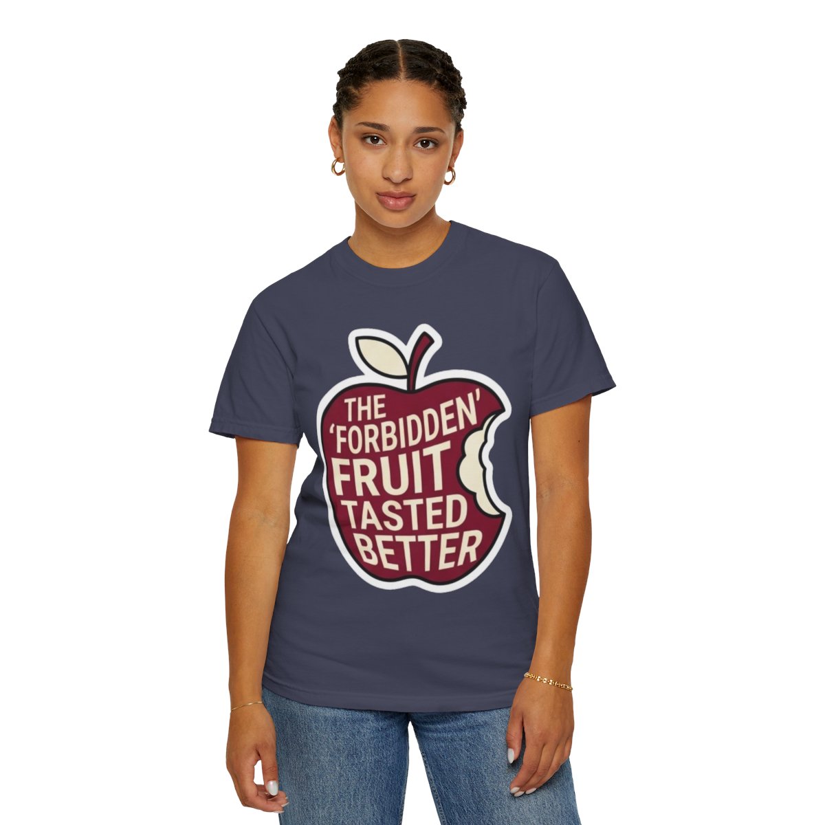 Color: Denim | Good Book Series Forbidden Fruit Tasted Better Unisex Garment-Dyed Tee