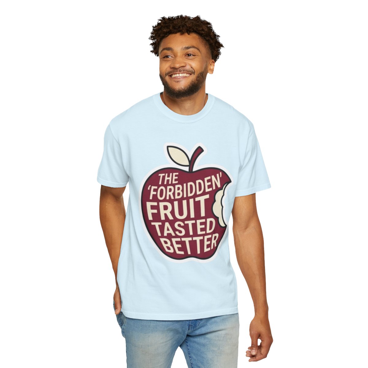 Color: Chambray | Good Book Series Forbidden Fruit Tasted Better Unisex Garment-Dyed Tee