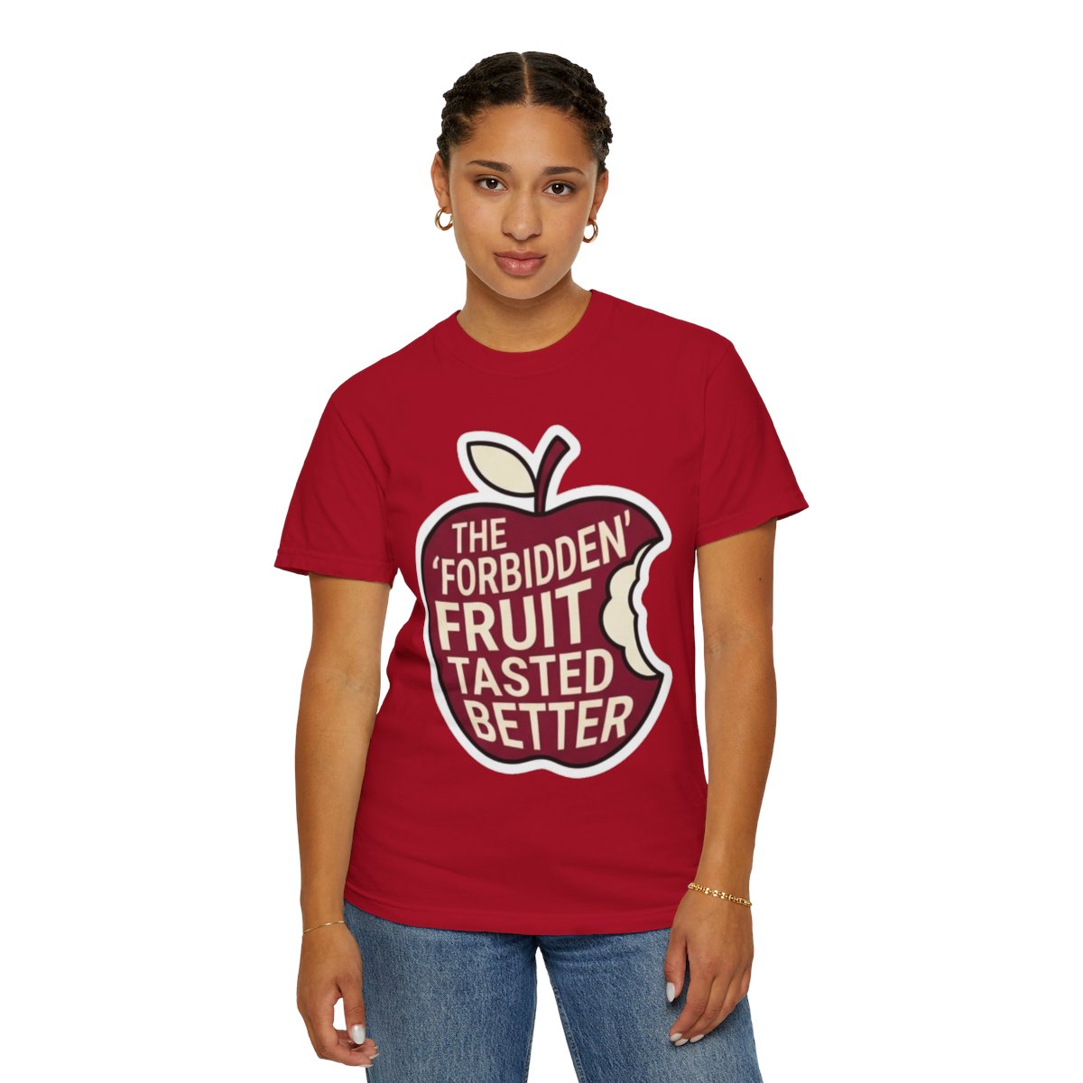 Color: Red | Good Book Series Forbidden Fruit Tasted Better Unisex Garment-Dyed Tee