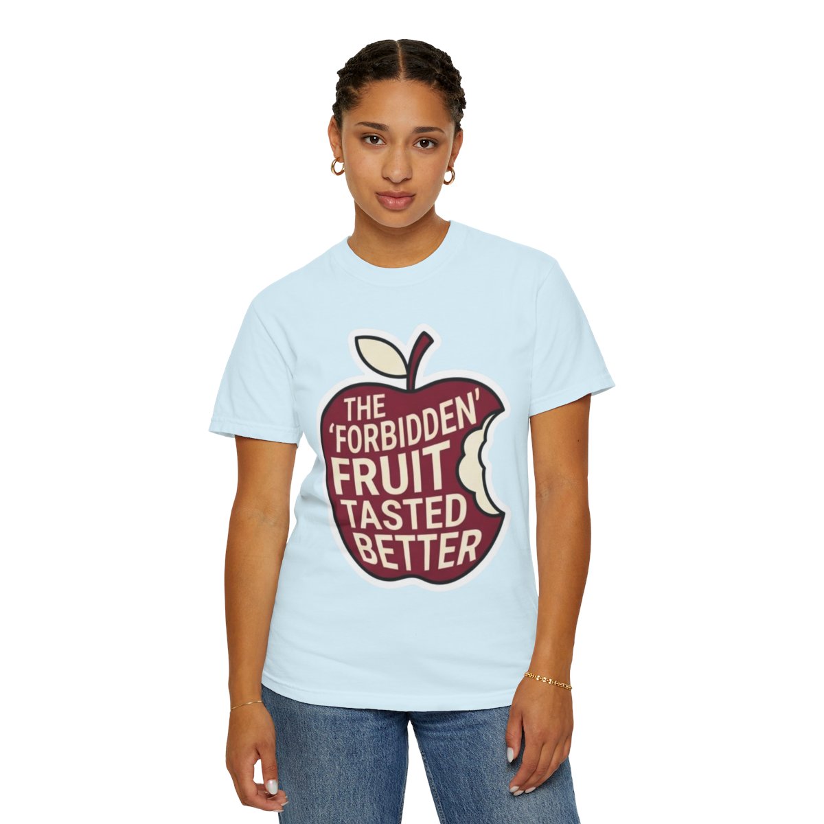 Color: Chambray | Good Book Series Forbidden Fruit Tasted Better Unisex Garment-Dyed Tee