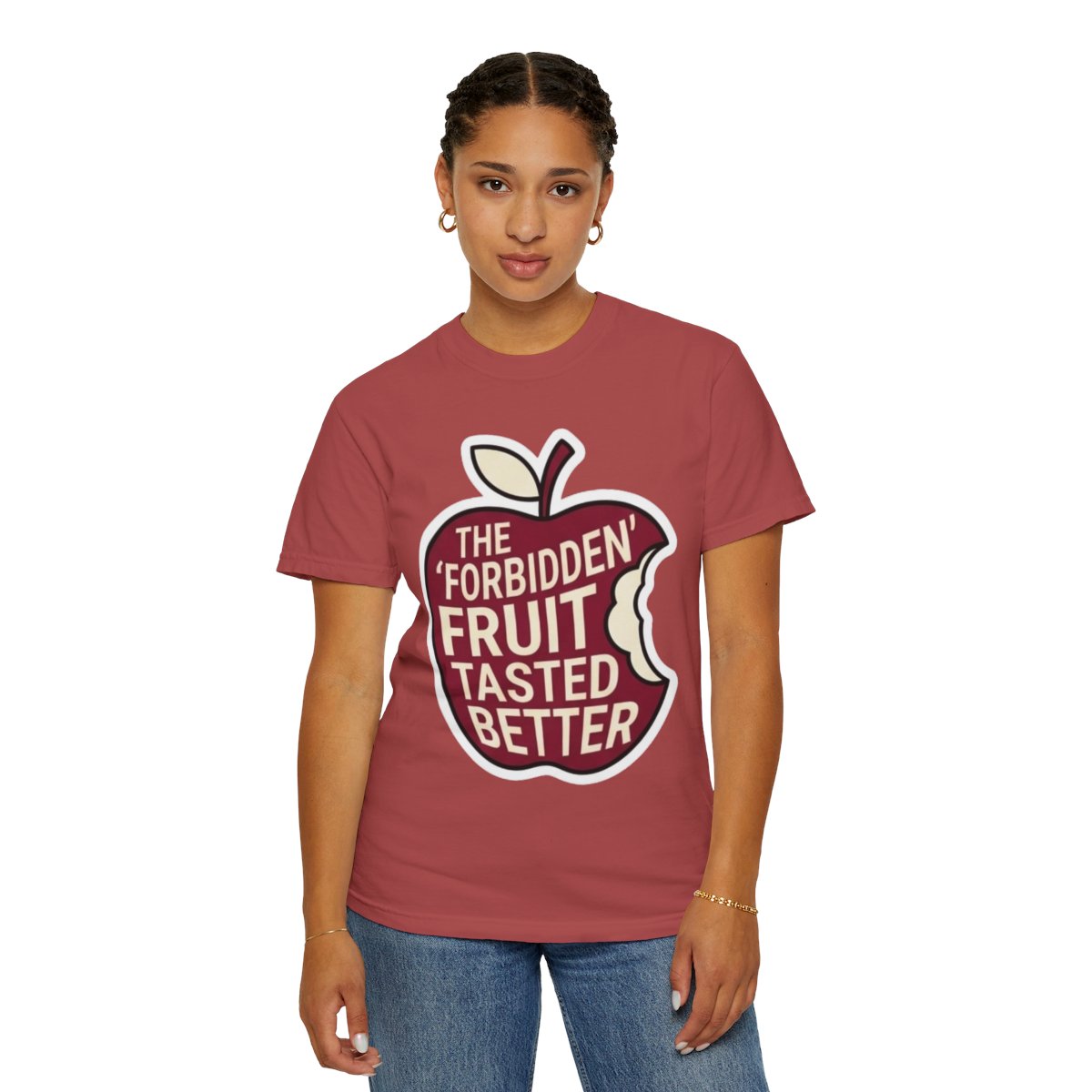 Color: Crimson | Good Book Series Forbidden Fruit Tasted Better Unisex Garment-Dyed Tee