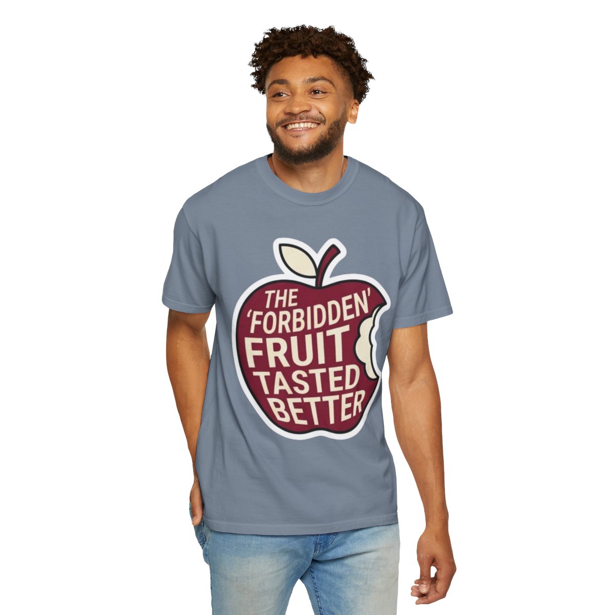 Color: Blue Jean | Good Book Series Forbidden Fruit Tasted Better Unisex Garment-Dyed Tee