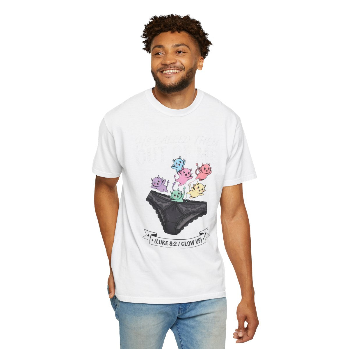 Color: White | Good Book Series He Called Them Out Of Me Unisex Garment-Dyed Tee
