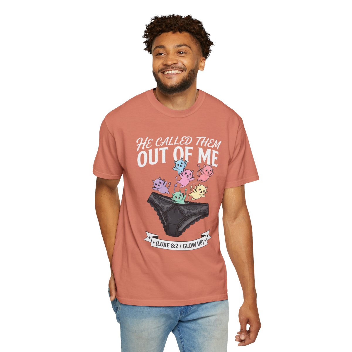 Color: Terracotta | Good Book Series He Called Them Out Of Me Unisex Garment-Dyed Tee