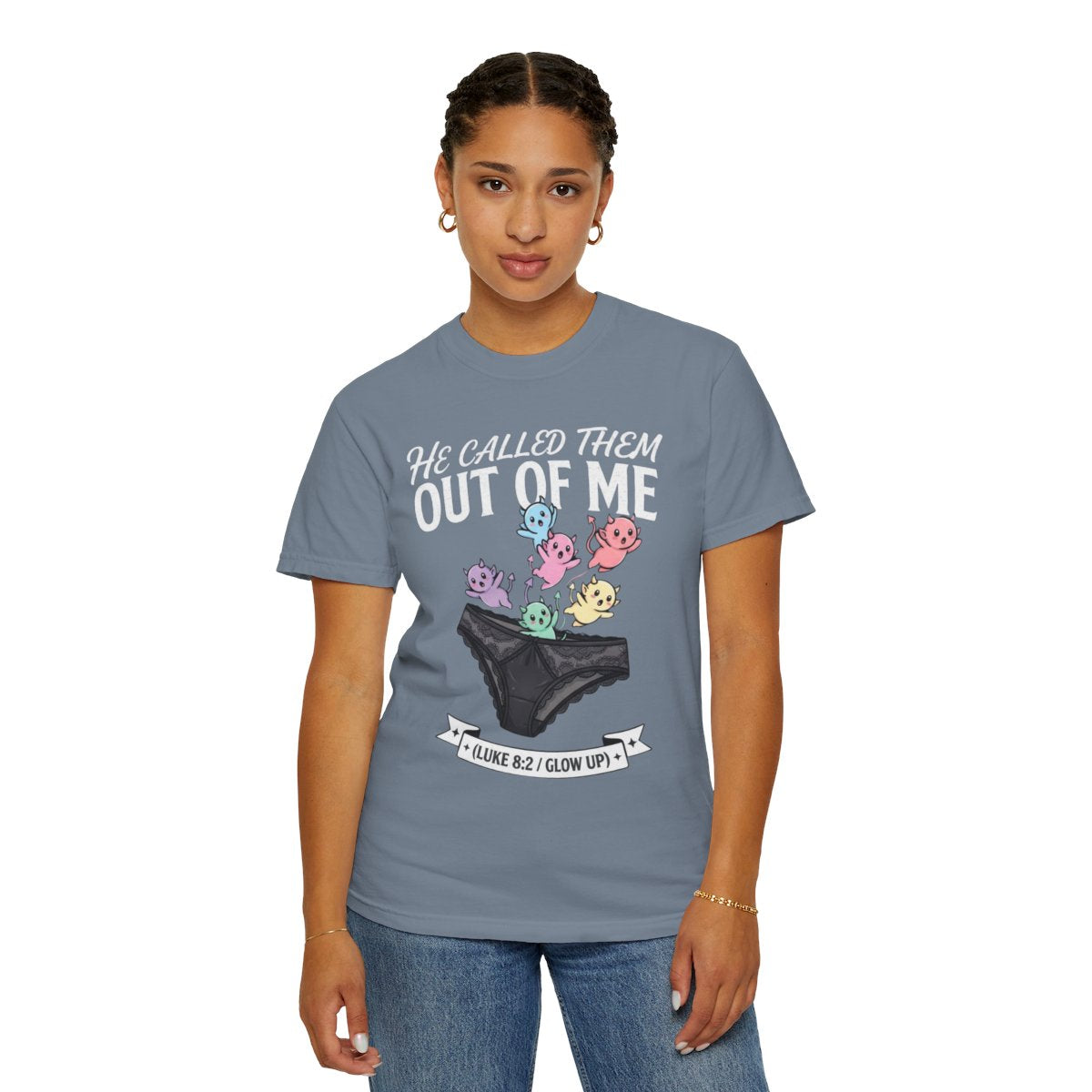 Color: Blue Jean | Good Book Series He Called Them Out Of Me Unisex Garment-Dyed Tee