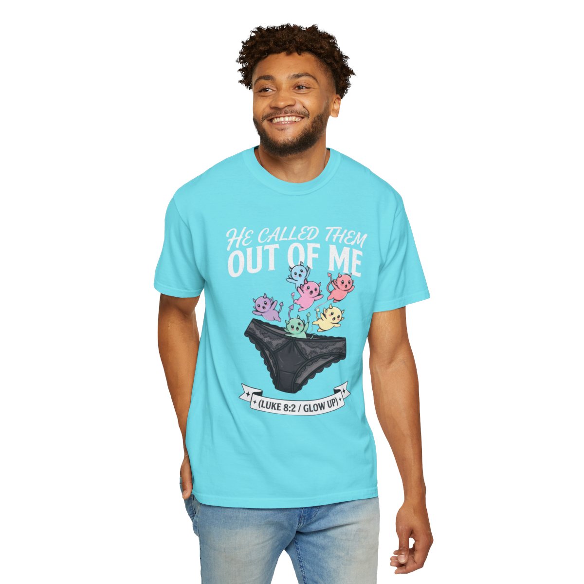 Color: Lagoon Blue | Good Book Series He Called Them Out Of Me Unisex Garment-Dyed Tee