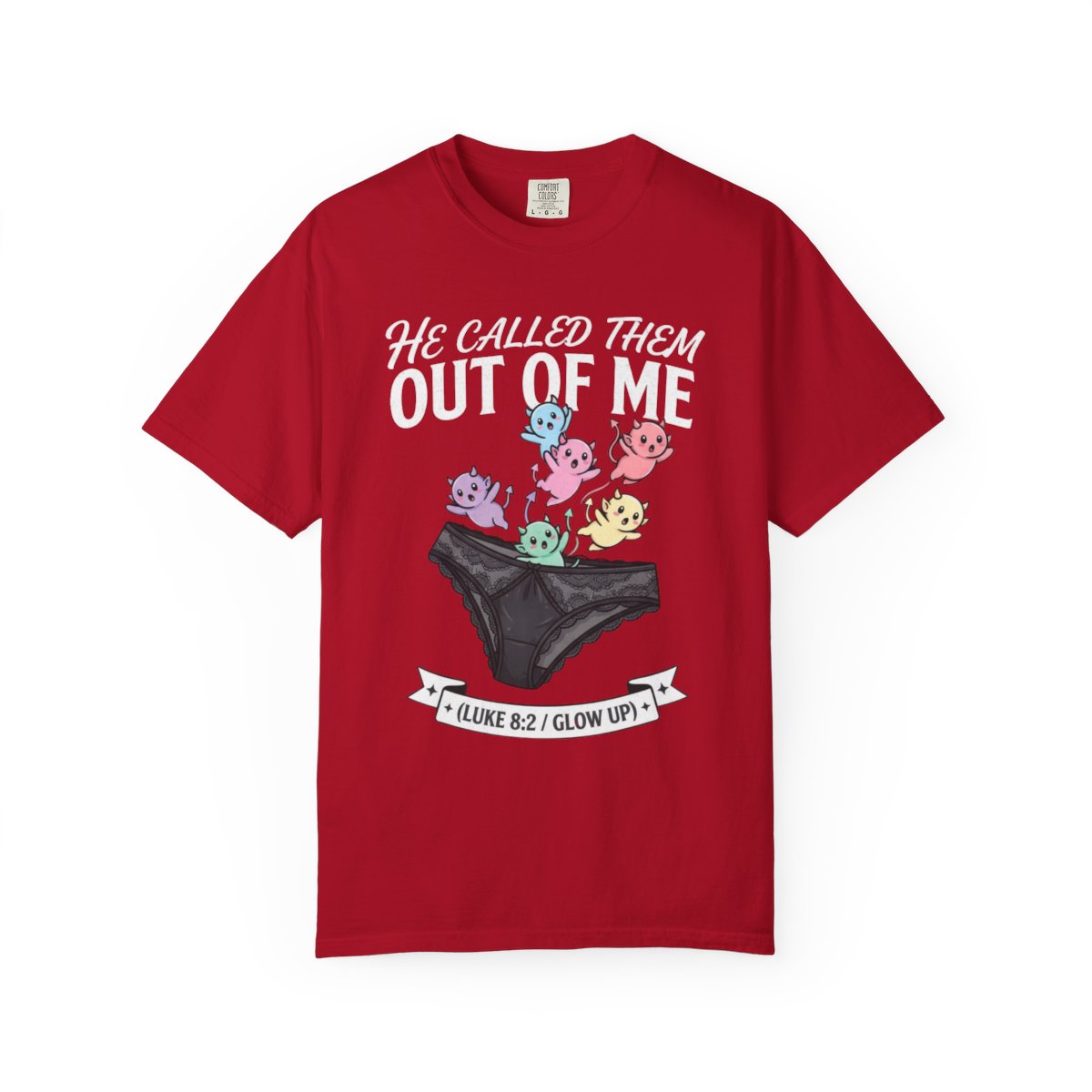 Color: Red | Good Book Series He Called Them Out Of Me Unisex Garment-Dyed Tee