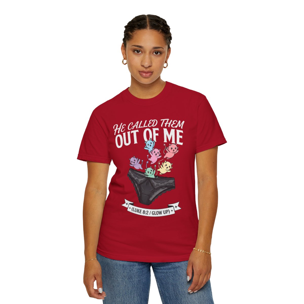 Color: Red | Good Book Series He Called Them Out Of Me Unisex Garment-Dyed Tee