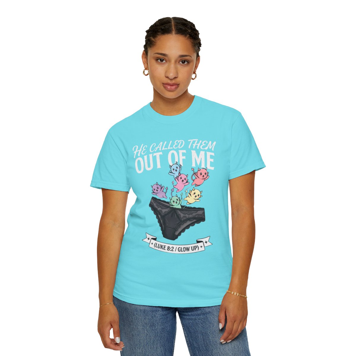 Color: Lagoon Blue | Good Book Series He Called Them Out Of Me Unisex Garment-Dyed Tee
