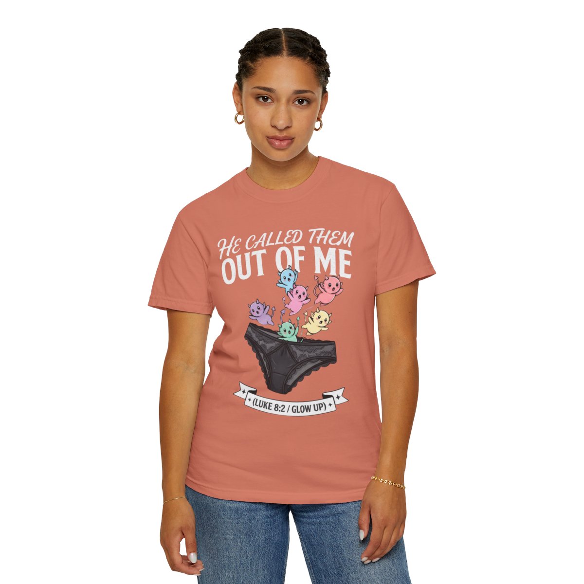 Color: Terracotta | Good Book Series He Called Them Out Of Me Unisex Garment-Dyed Tee