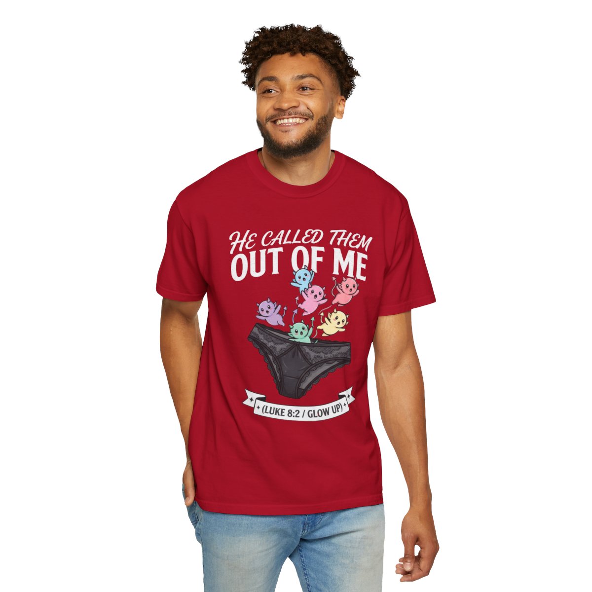 Color: Red | Good Book Series He Called Them Out Of Me Unisex Garment-Dyed Tee