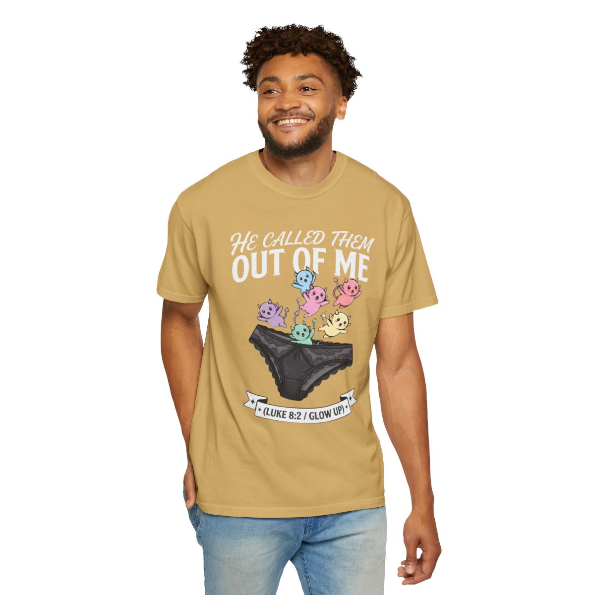 Color: Mustard | Good Book Series He Called Them Out Of Me Unisex Garment-Dyed Tee