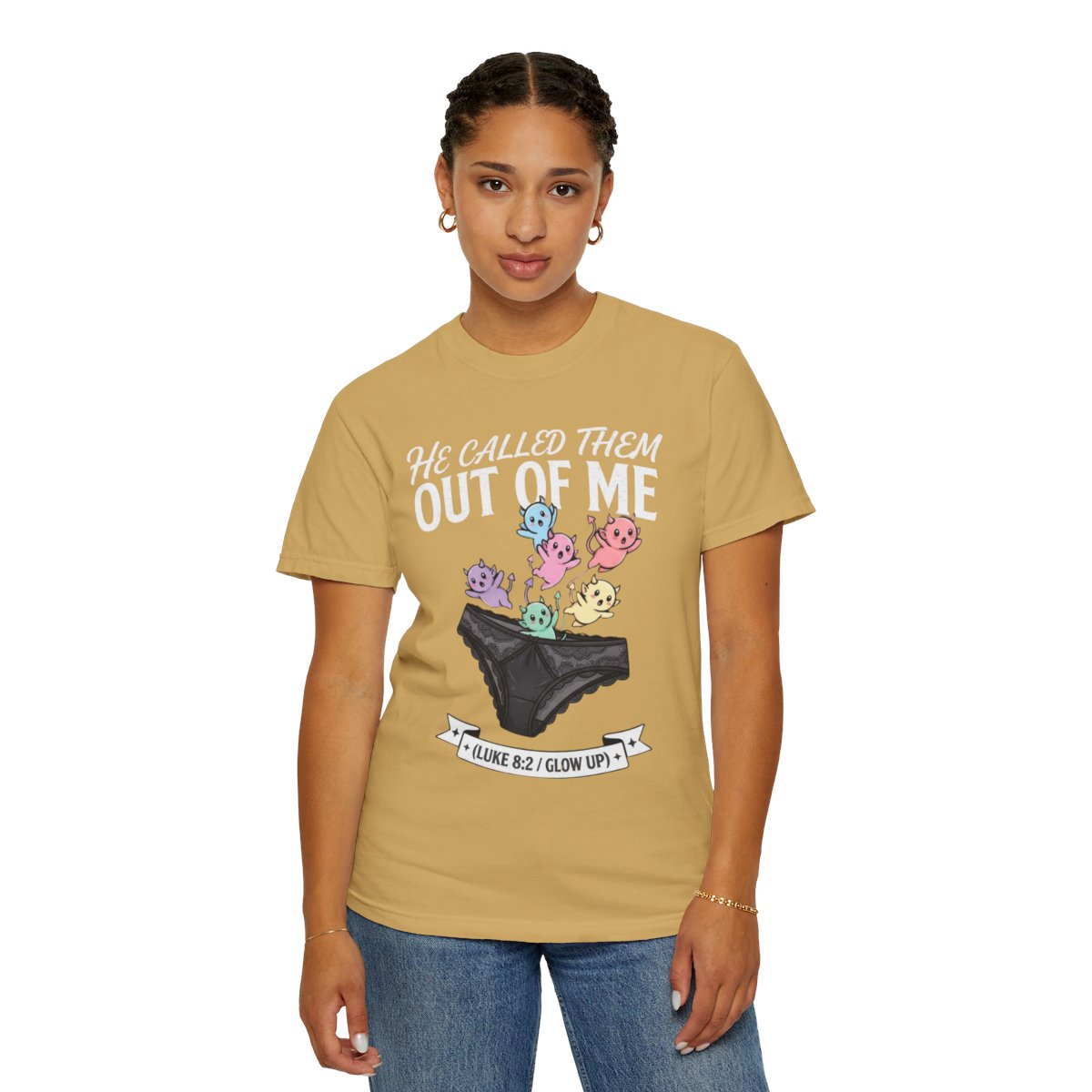 Color: Mustard | Good Book Series He Called Them Out Of Me Unisex Garment-Dyed Tee