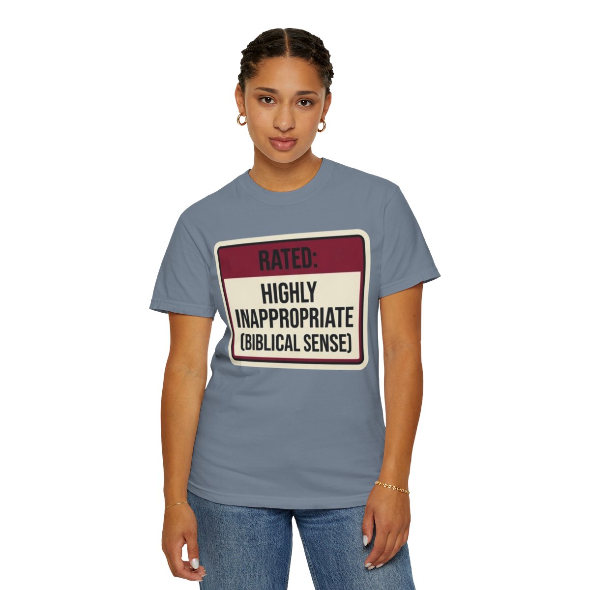 Color: Blue Jean | Good Book Series Highly Inappropriate Unisex Garment-Dyed Tee