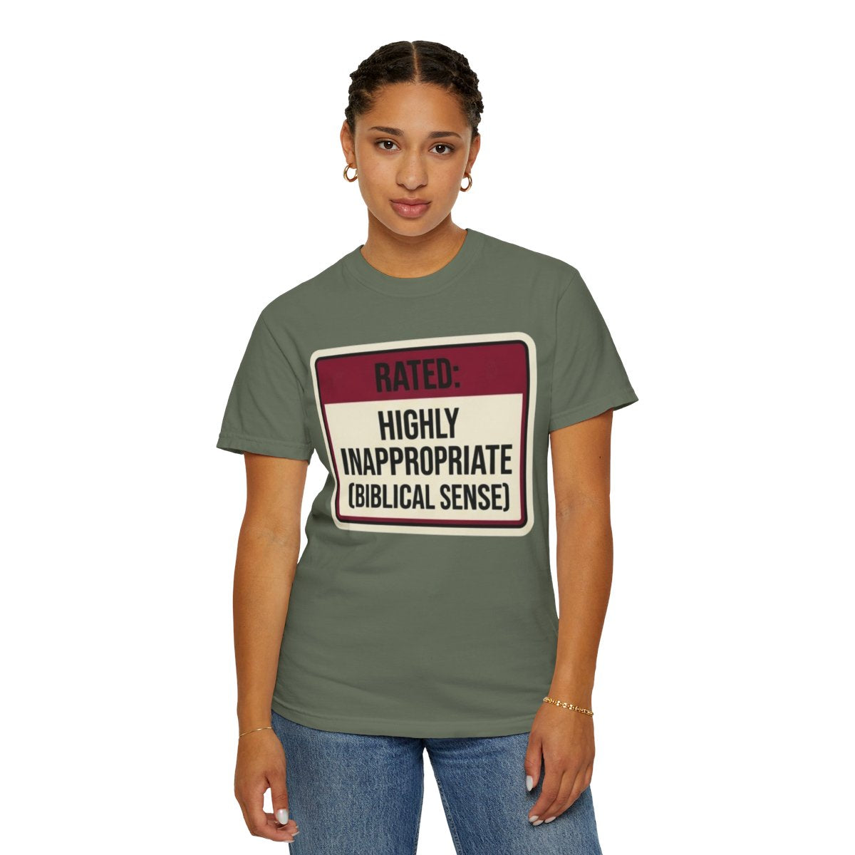 Color: Moss | Good Book Series Highly Inappropriate Unisex Garment-Dyed Tee