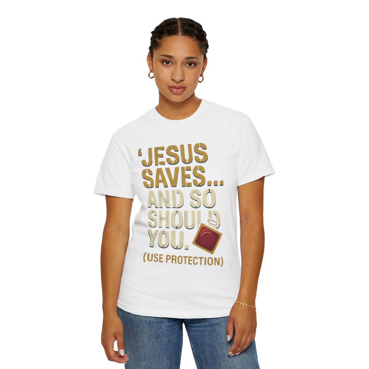 Color: White | Good Book Series Jesus Saves and So Should You Unisex Garment-Dyed Tee