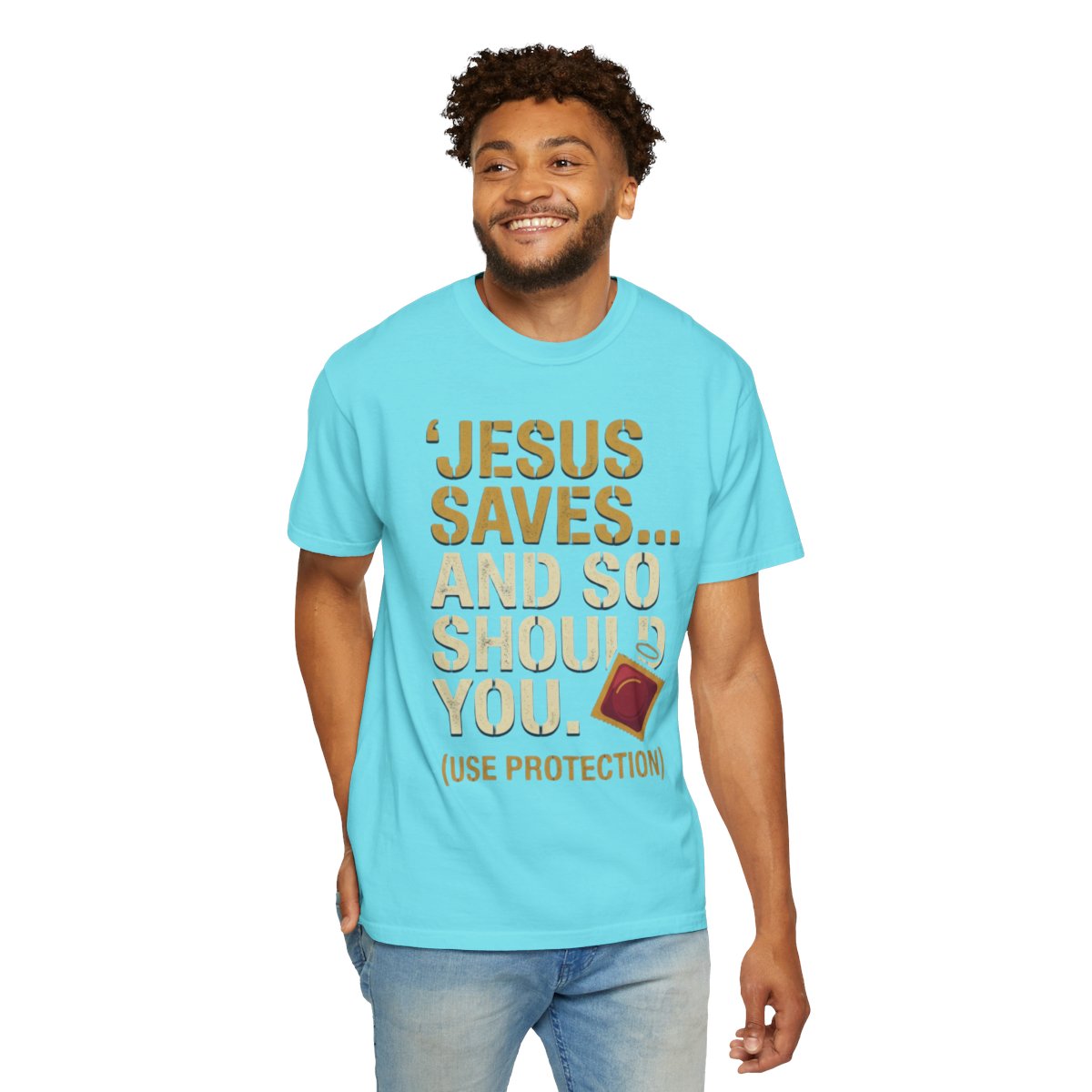 Color: Lagoon Blue | Good Book Series Jesus Saves and So Should You Unisex Garment-Dyed Tee