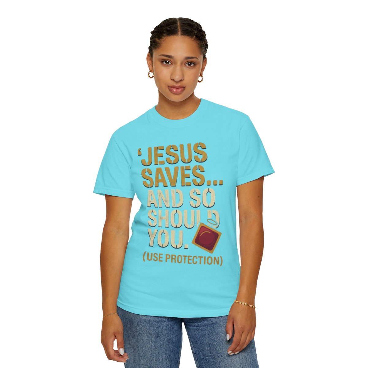 Color: Lagoon Blue | Good Book Series Jesus Saves and So Should You Unisex Garment-Dyed Tee