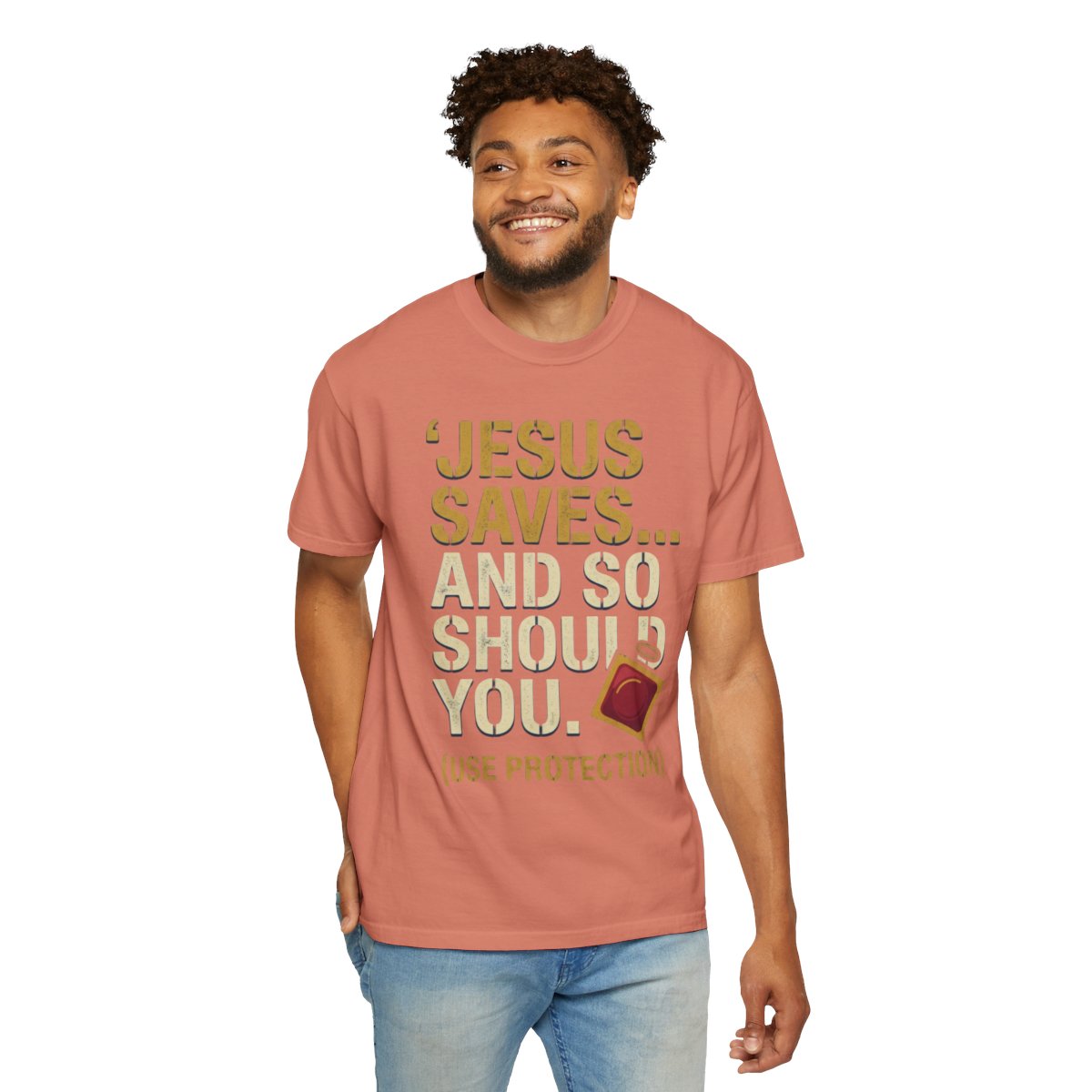 Color: Terracotta | Good Book Series Jesus Saves and So Should You Unisex Garment-Dyed Tee